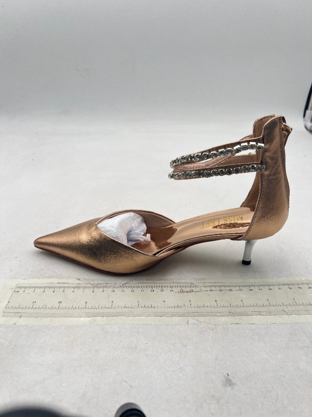 miss left Champagne Sparkly Rhinestone Ankle Strap Pumps Low Kitten Heel Shoes